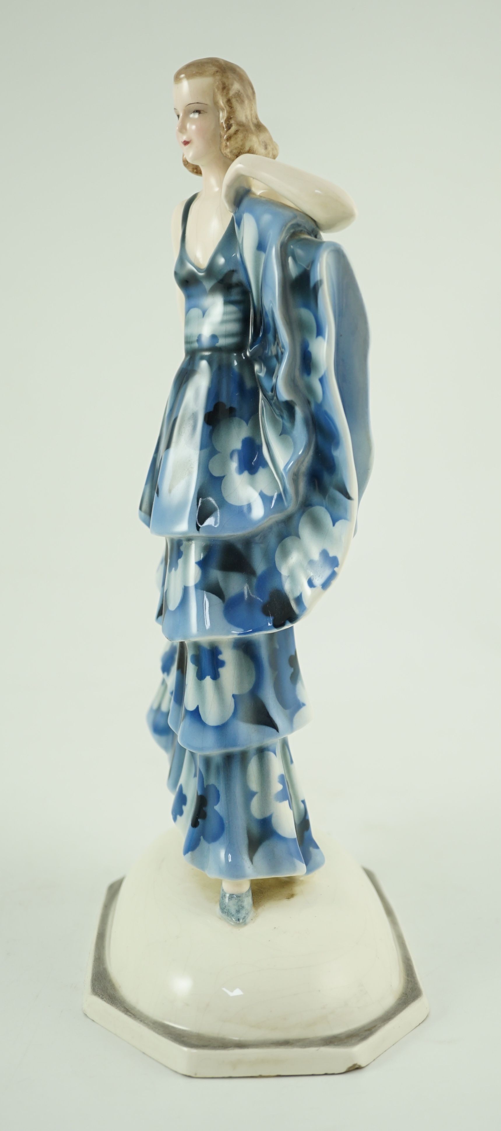 A Goldscheider Art Deco pottery figure of a dancer, modelled by Dakon, 30cm high